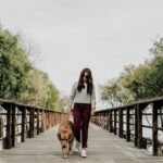 Woman Wearing Sunglasses Walking On Wooden Bridge With Her Dog